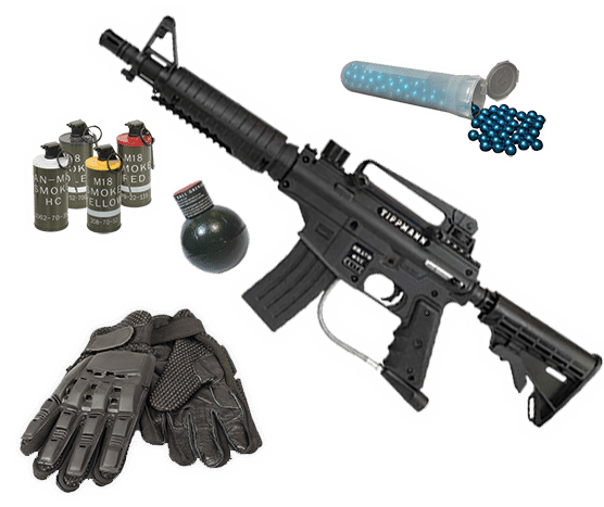 selection of paintball upgrades including paintball gun and smoke grenades.